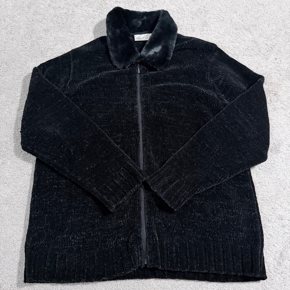 Vintage Kathie Lee Cardigan Sweater Women 22W/24W Black Faux Fur Collar Zip